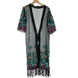 Floral black mesh & fringe‎ with embroidered pink + green floral kimono size M/L
